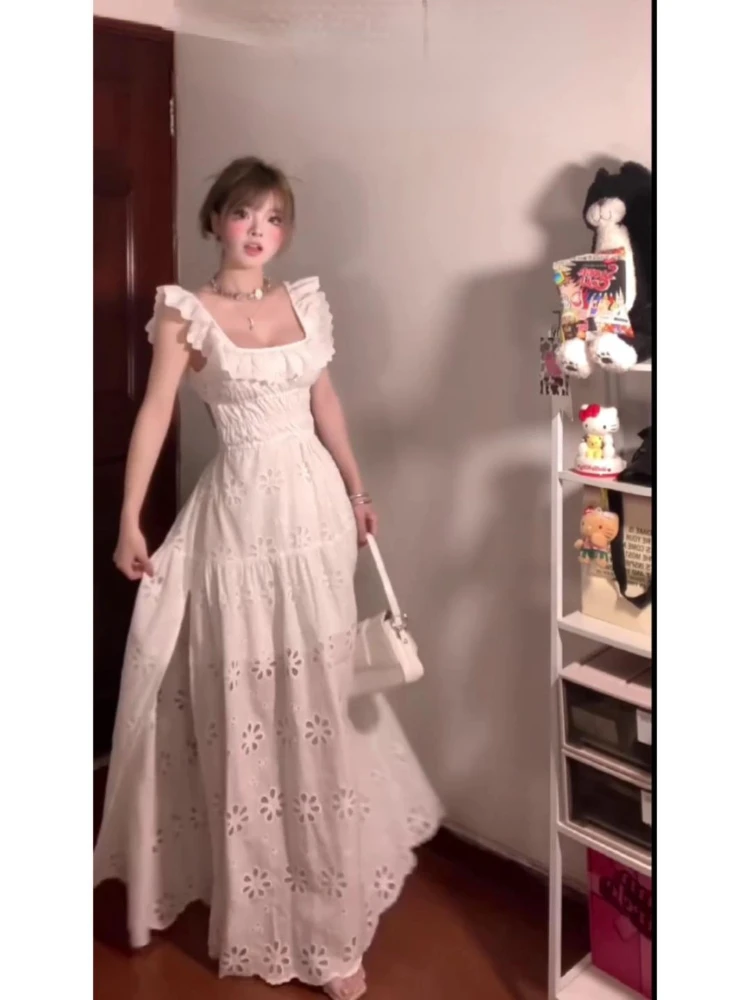 French Women White Square Neck Backless Ruffled Edge Pleated Long Dresses Vintage Hollowed Out Crochet Party Prom Dress Summer