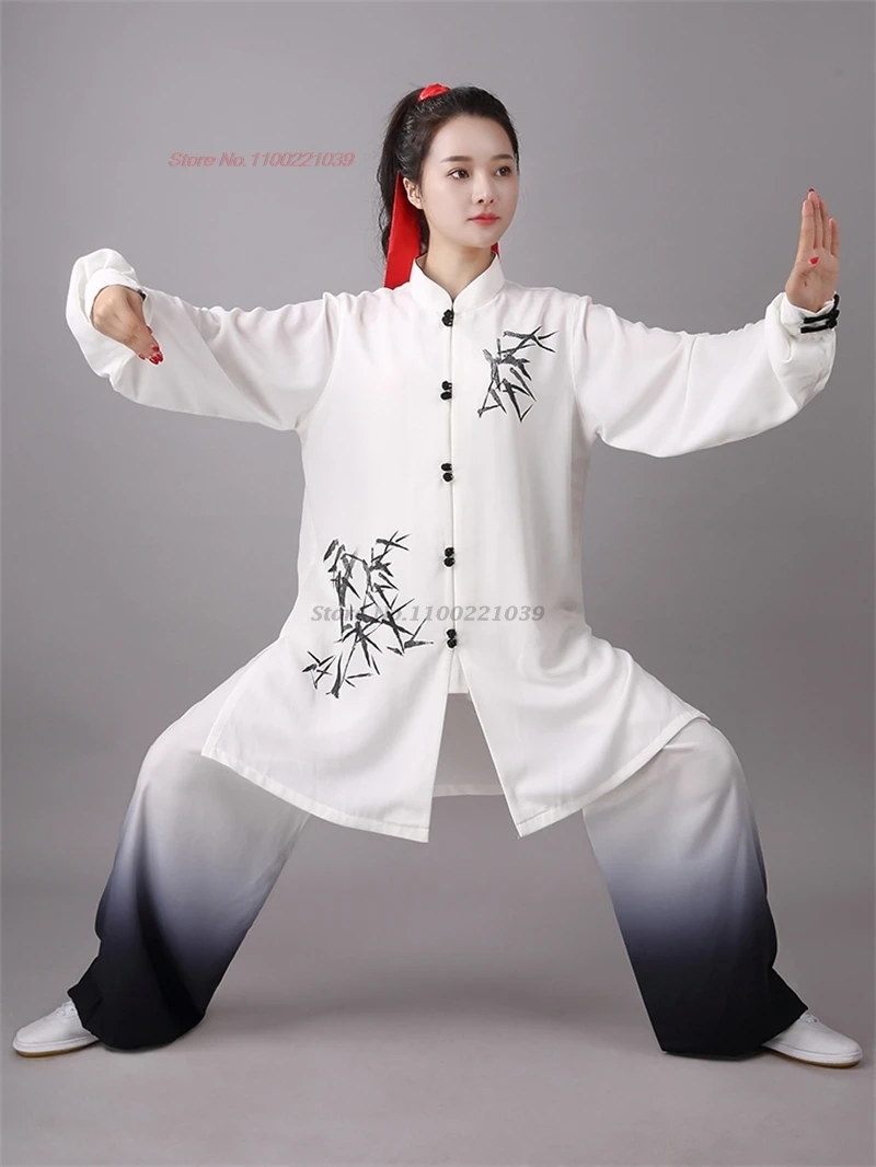 2024 chinese tai chi uniform wushu morning exercise tops+pants set bamboo print stage team performance kungfu tai chi uniform