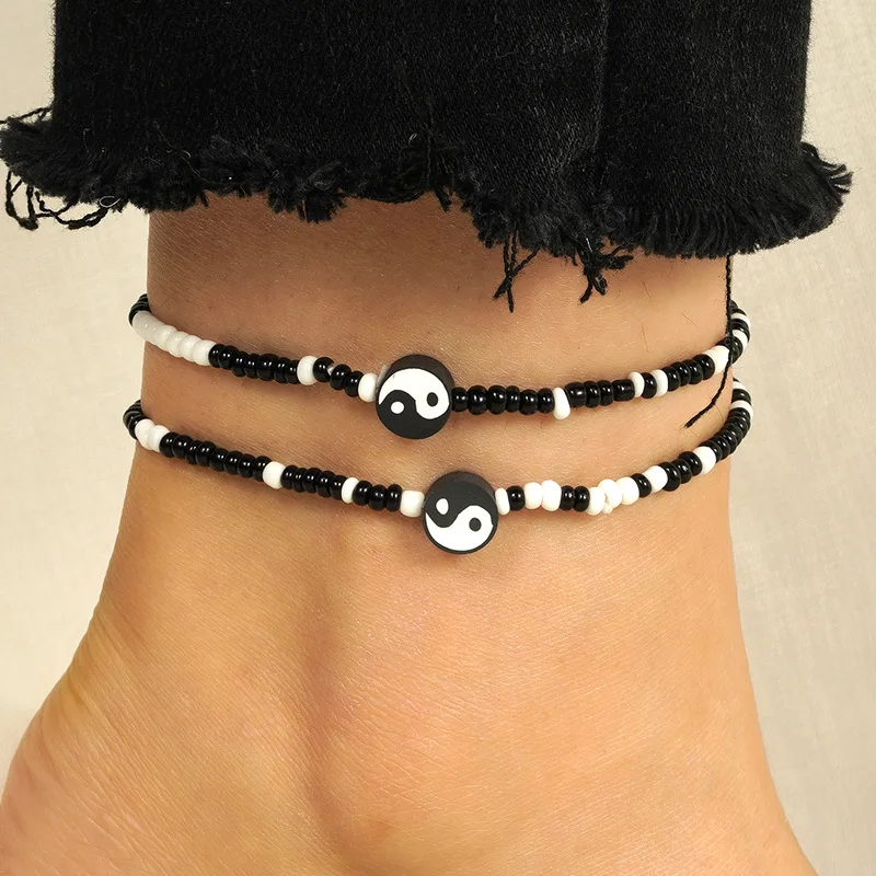 

Ethnic Yin Yang Tai Chi Elements Creative Blessing Card Rice Beads Anklet for Women Girls On Foot Halloween Gifts Jewelry