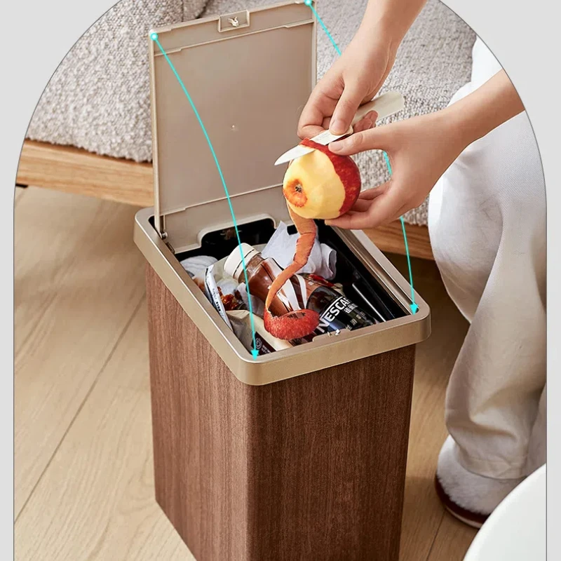 Household High-end Sealed Trash Can with Lid and Double-open Design Kitchen Storage Wooden Grain Trash Can Waste Bins