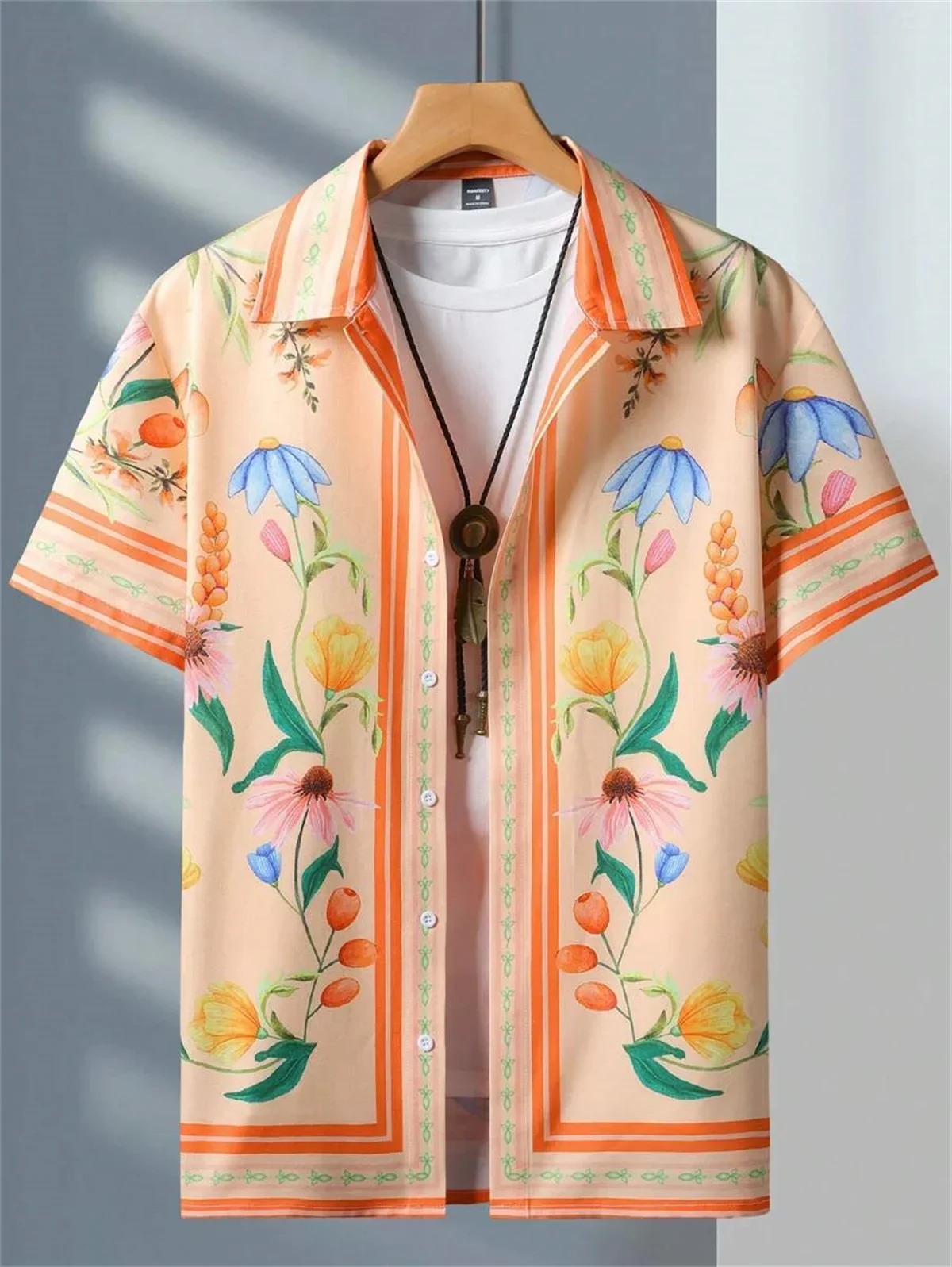 2024 New Men\'s Shirt Flower Print Ethnic Totem Style Lapel Men\'s Short Sleeve Tops Large Size Casual Men\'s Short Sleeve Shirt