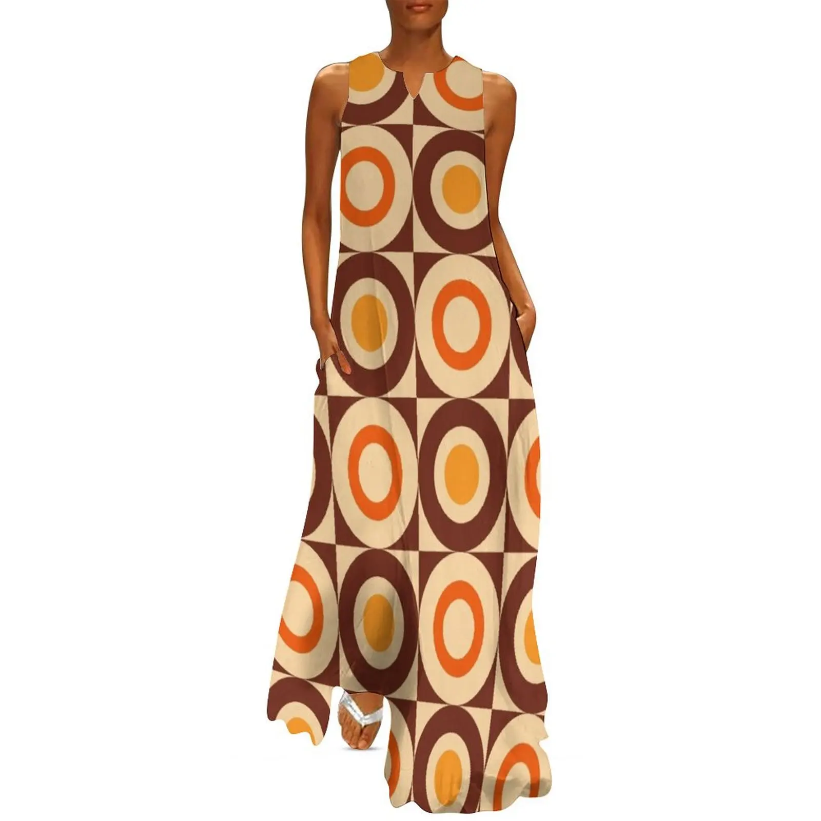 

70s Retro Vintage Style Geometric Design Brown Orange Yellow and Beige Long Dress evening dresses women Dress