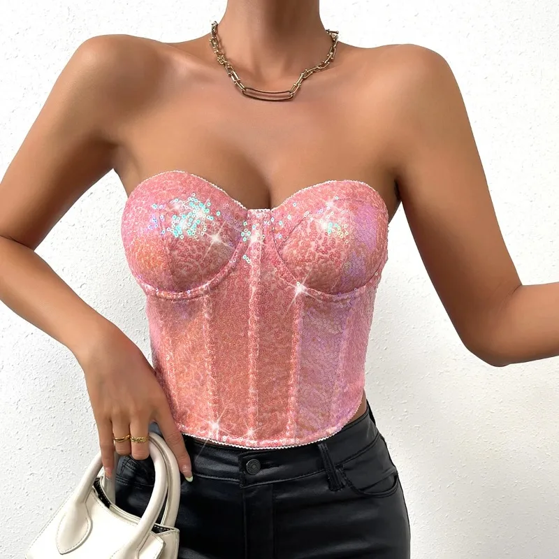 Women Sequin Tube Top Sexy Club Crop Top Backless Zipper Tank Top Y2K Camis Off Shoulder Streetwear Top Spring Summer