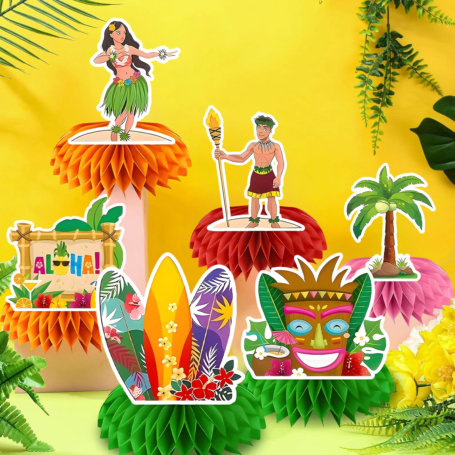 

9Pcs Hawaii Honeycomb Ornaments Set Summer Elements Coconut Trees Pineapples Surfboards Decorations