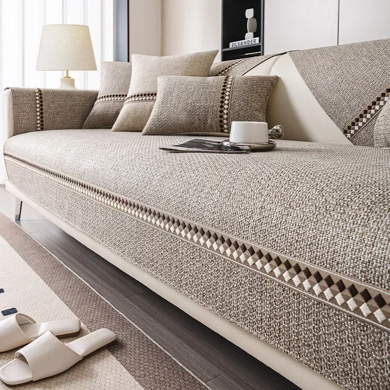 Cotton and Linen Sofa Towel Solid Color Sofa Mat Four Seasons Universal Sofas Pad for Living Room Anti-Slip Couch Cushion Luxury