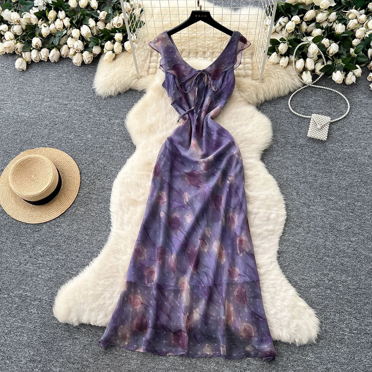 Chic stampa vintage con lacci in rete con volant in chiffon senza maniche Elegante fata moda coreana Boho Sundress abbigliamento donna
