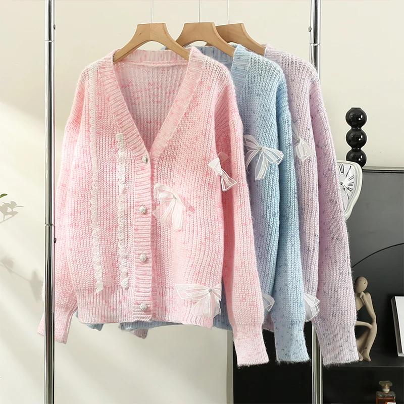 

ITOOLIN Autumn Winter Women Cute Lace Bow Cardigan Sweater Button Up Sweet V-Neck Loose Knitted Sweater Coat For Women 2023