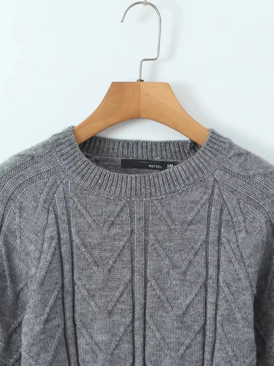 Amerykański sweter z dzianiny z kokardą, okrągłym dekoltem i efektem skręcenia, damski, wysoki stan, wyszczuplający, uniwersalny top.