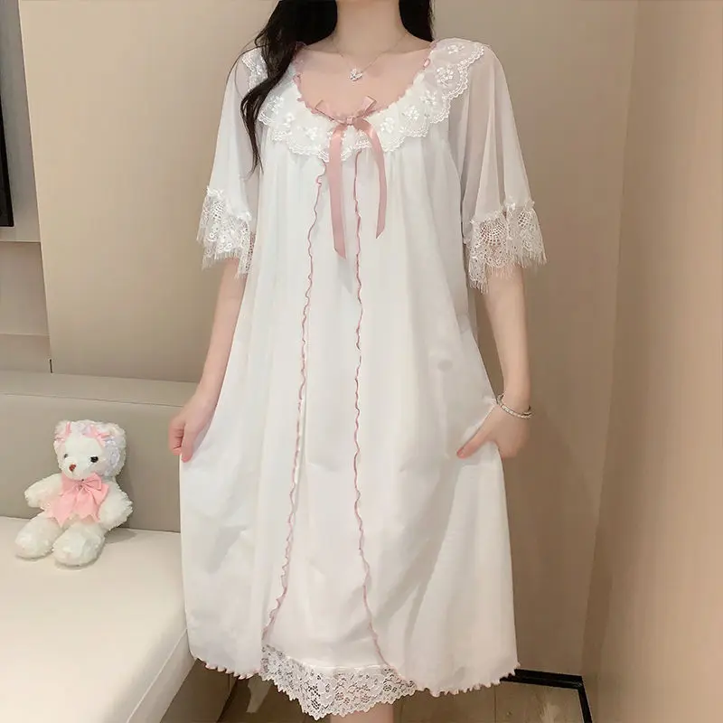 

Lace Women Nightgown Short Sleeve Sleepwear Korean Night Dress O-neck Nightwear Summer One Piece Pajamas Sleeping Home Wear New