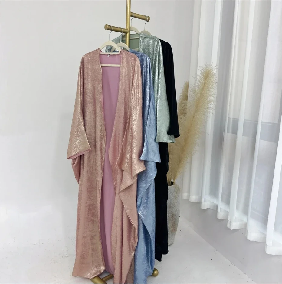 

Ramadan Eid Muslim Women 2 Pcs Set Shiny Batwing Satin Open Kimono Abaya +Hjiab Set Dubai Luxury Muslim Abayas +Scarf Suit Femme