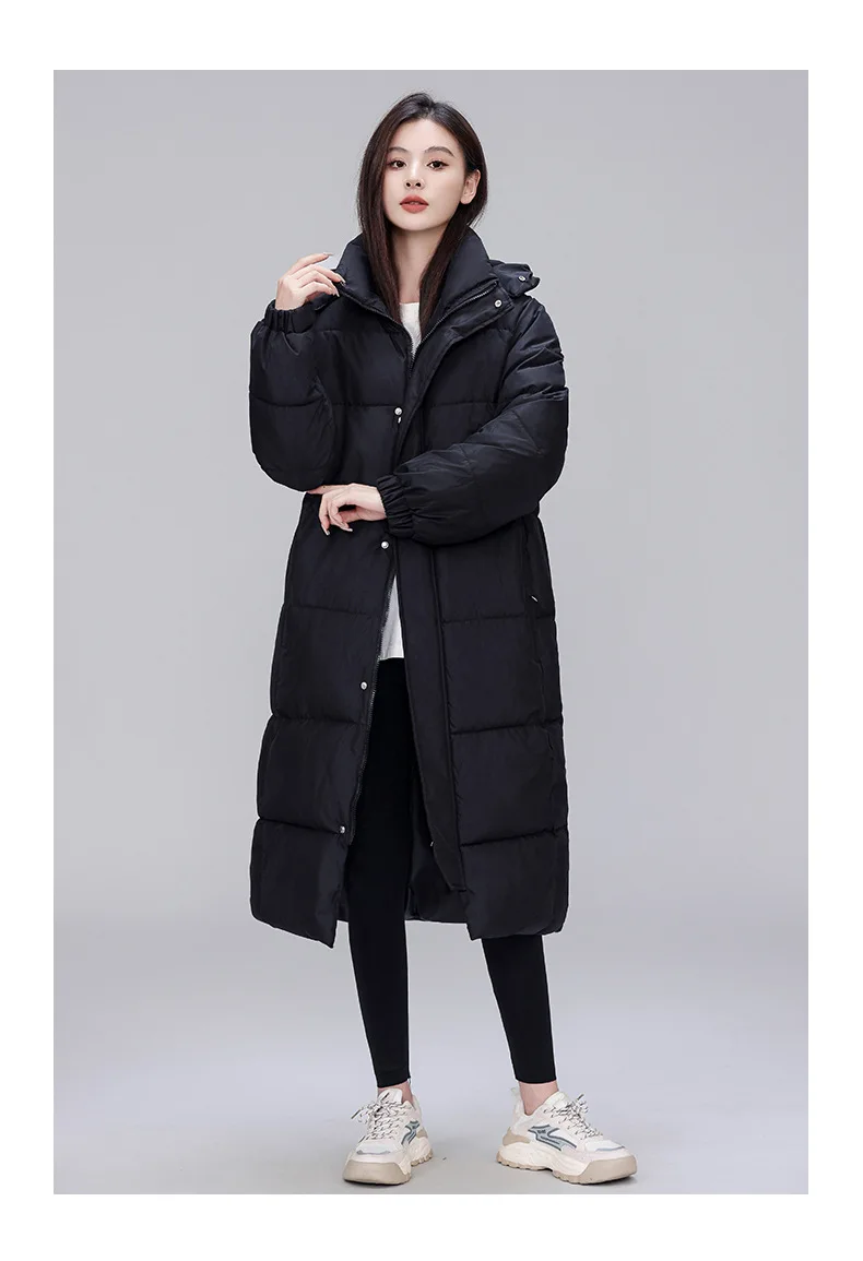 Winter Long Puffer Coat for Women Hooded Quilted Windproof Warm Zip Up Outerwear Russian Cold Weather Snow Jacket Over Knee Cozy