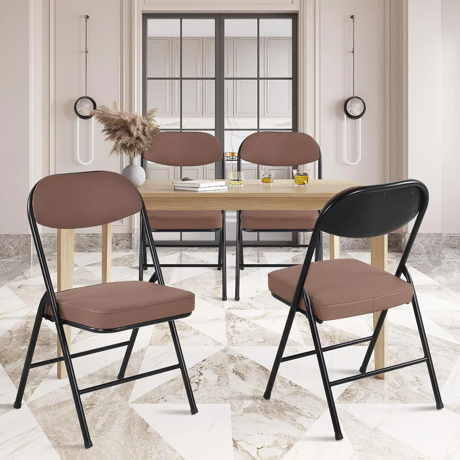 Padded Folding Chairs Set of 4, Brown | Folding Chairs with Cushion and Durable Metal Frame，No Assemble Required for Party Kitch