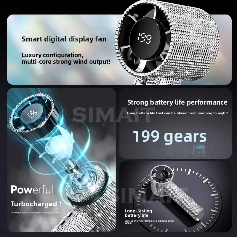 199 Handheld Violent Turbine All-inclusive Diamond-encrusted Small Fan USB High-speed Digital Display Portable Long-life Fan