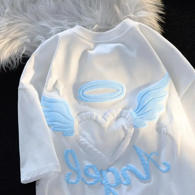 

Sweet Milk Foam Angel Love Short-sleeved T-shirt Men and Women Summer Couple Ins Half-sleeved Shoulder Top