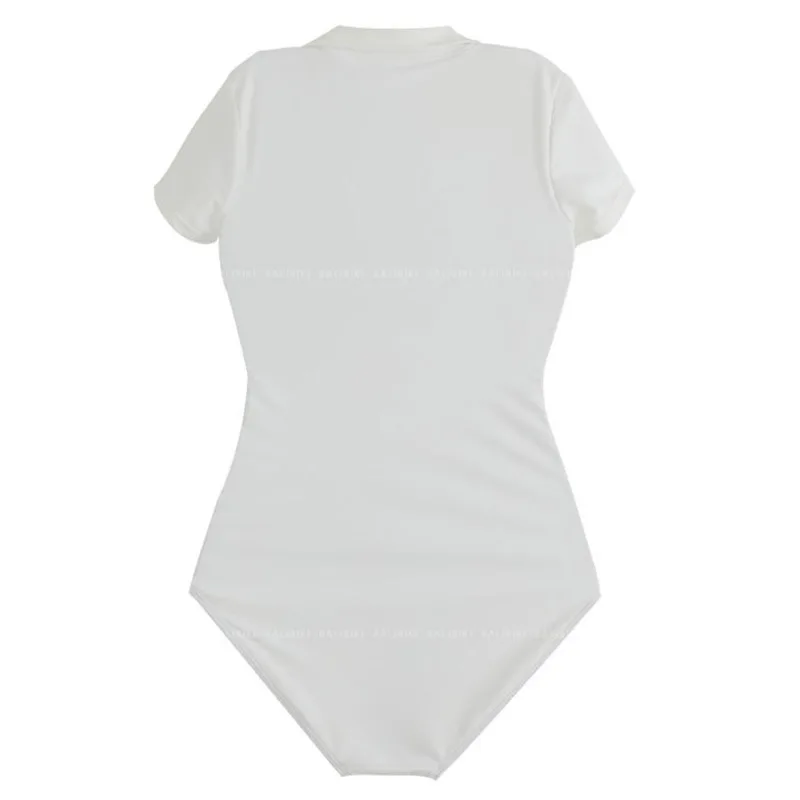 Swimsuit Women One Piece White Lapel Slim Swimsuit Korea Students Swimwear Short Sleeve Monokini Travel Bathing Suit Beachwear