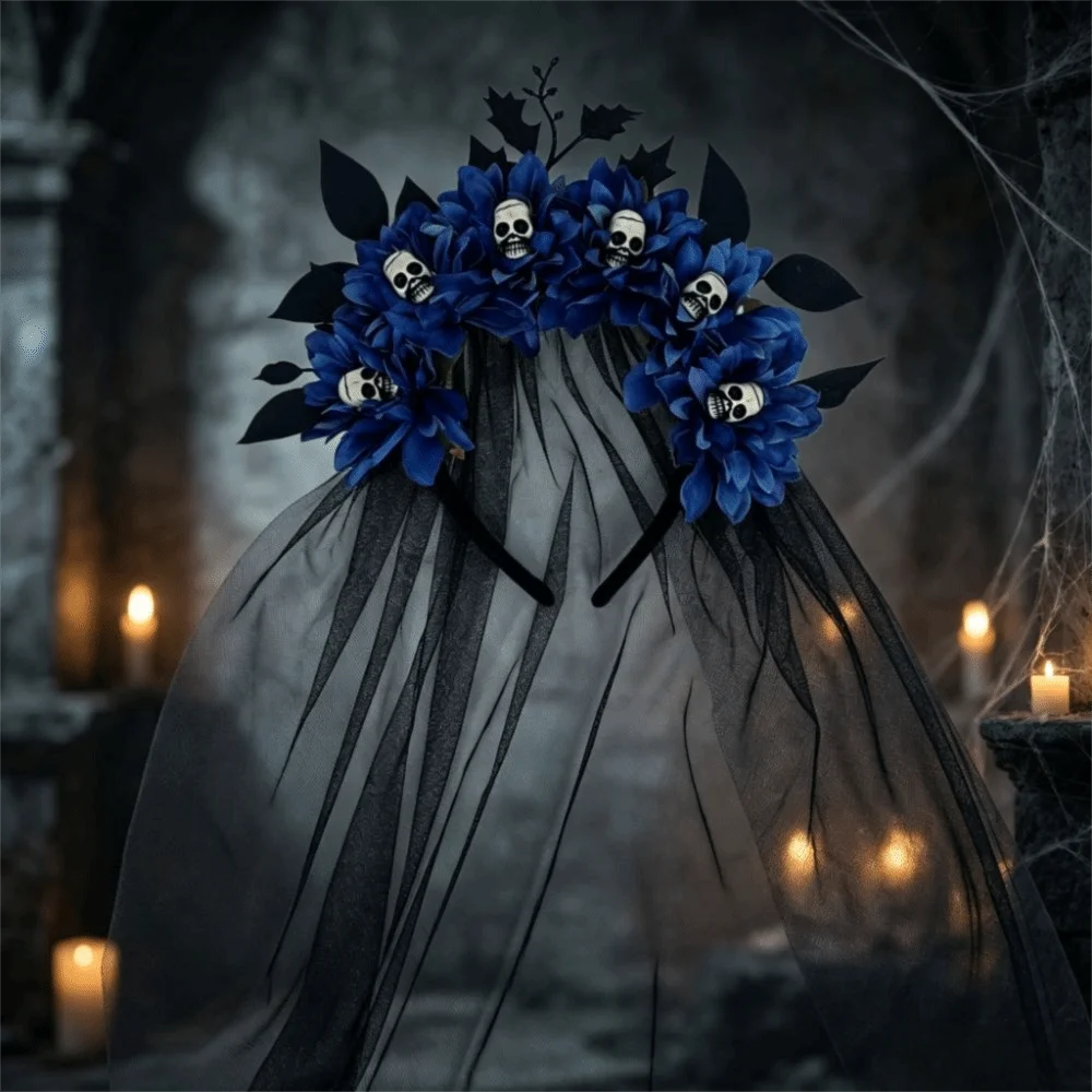 Halloween Zombie Bride Veil Headband Dark Bride Black Tulle Gothic Headpiece Flower Mesh Veil Bride Veil Day of The Dead