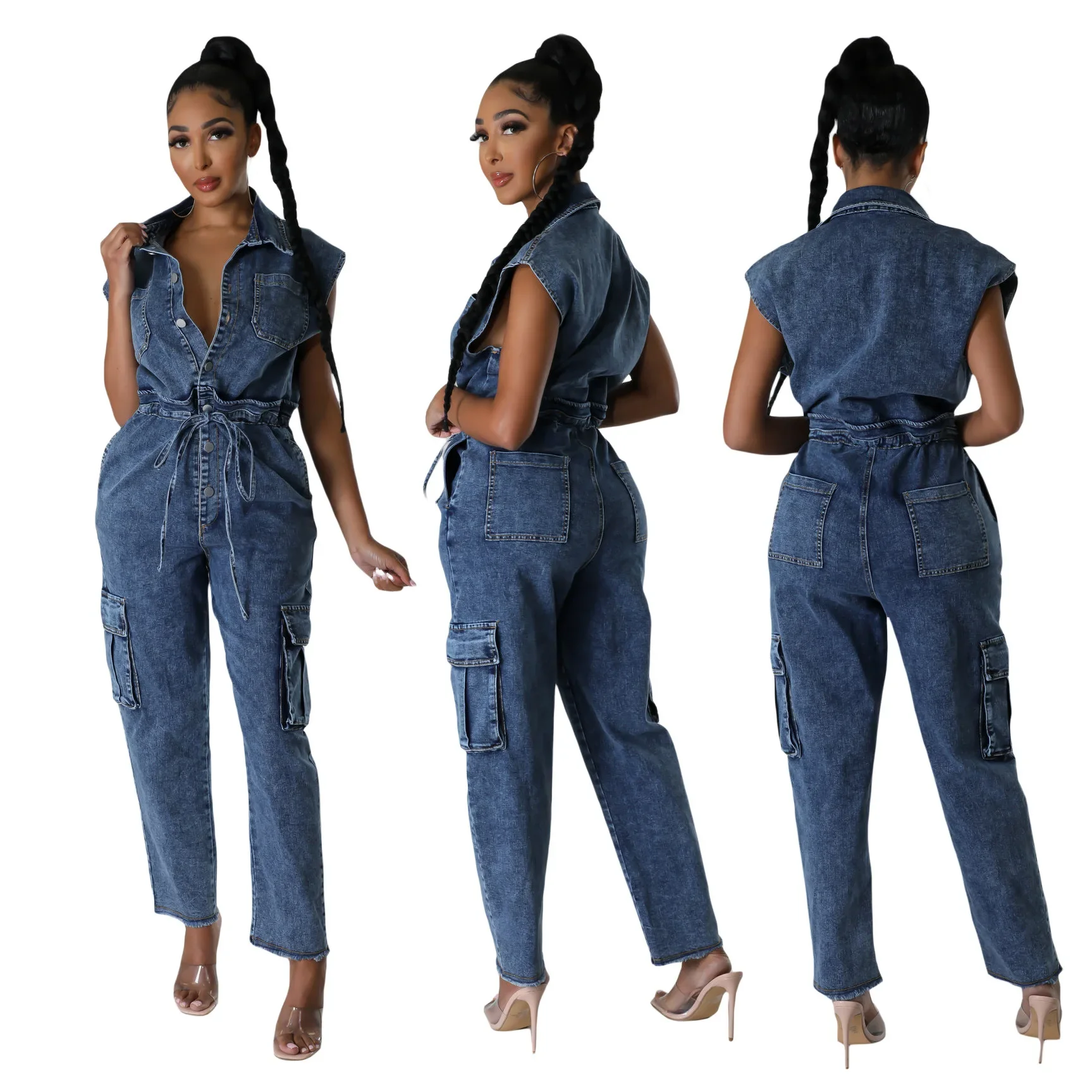 Women Denim Sashes Cargo Jumpsuit Sleeveless Turn-down Collar Single Breasted Rompers Washed Fashion Outfit 2026 Summer