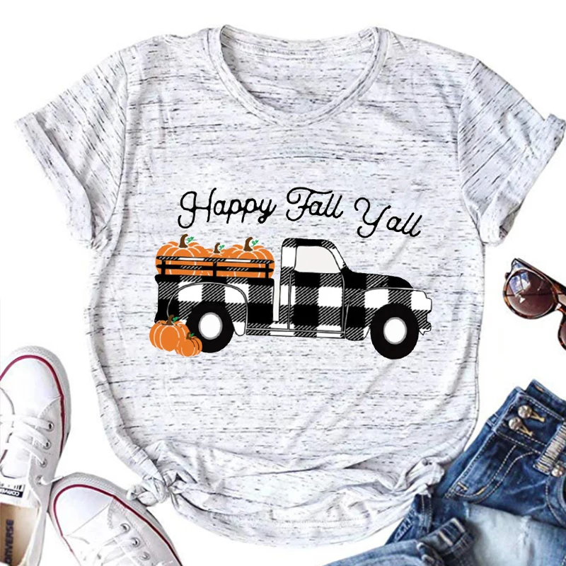 

Happy Fall Y'All, Thankful Grateful Blessed Shirt Thanksgiving Shirts for Women Plaid Thanksgiving Clothes Family Tees L