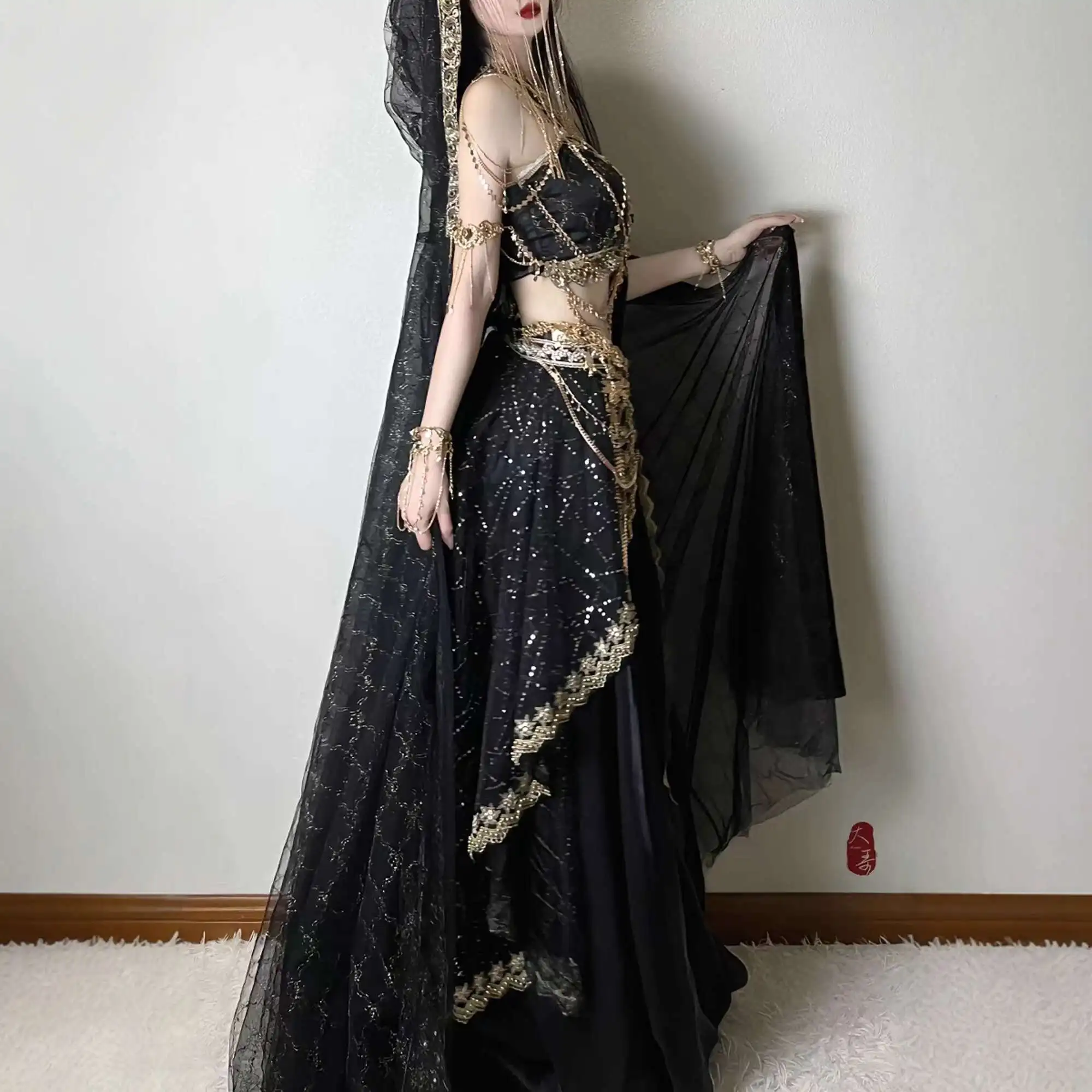 

2025 new Dunhuang Flying Apsaras Dress Black Full Set Cosplay Veil Tube Top Skirt Yarn Skirt Jewelry Princess hanfu