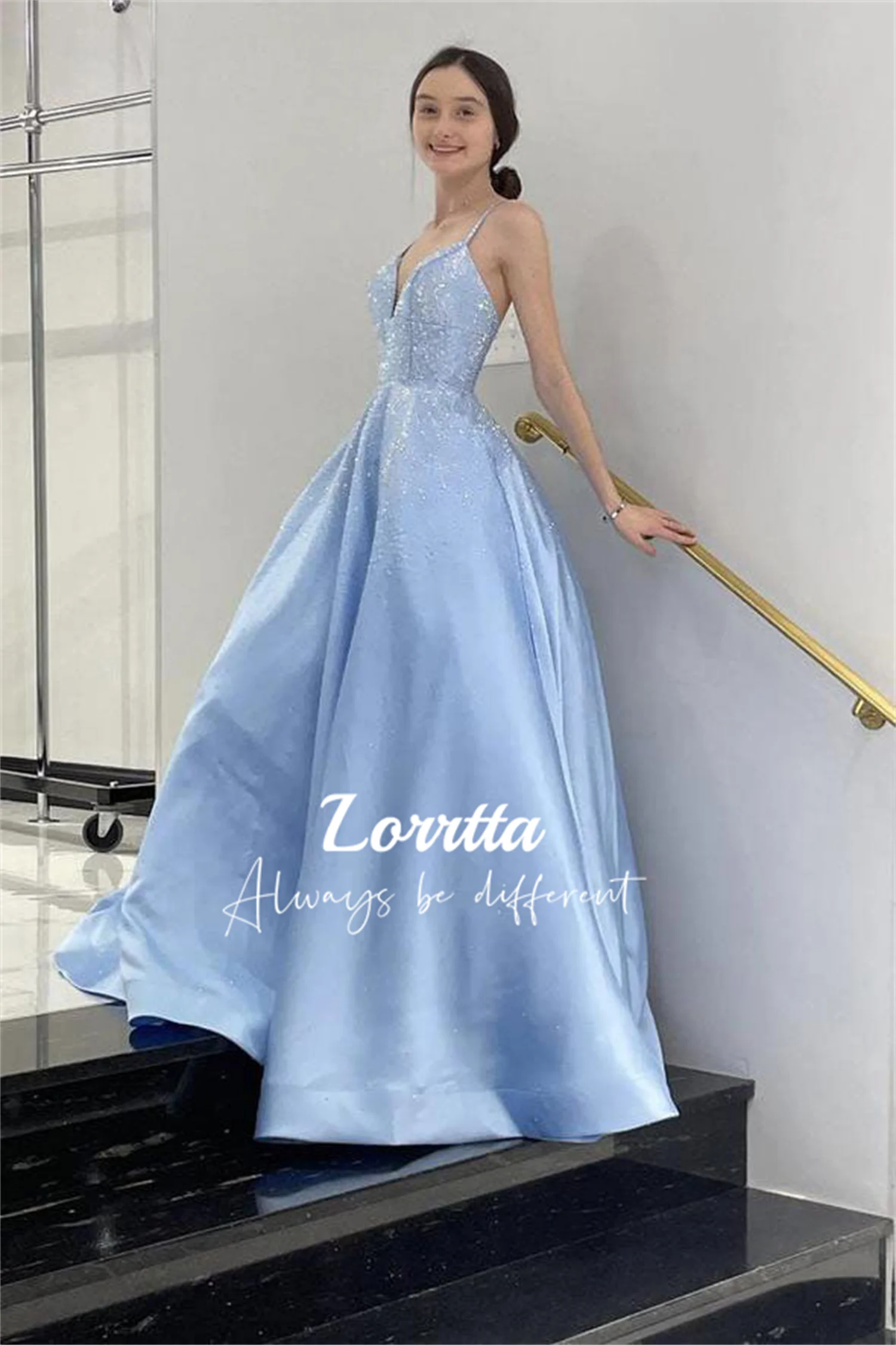 

Lorrtta Light Blue Shiny Women's Dress Sweetheart Neckline Dresses With Long Sleeves Sling Coming Age Sweet Sleeve Princess Prom