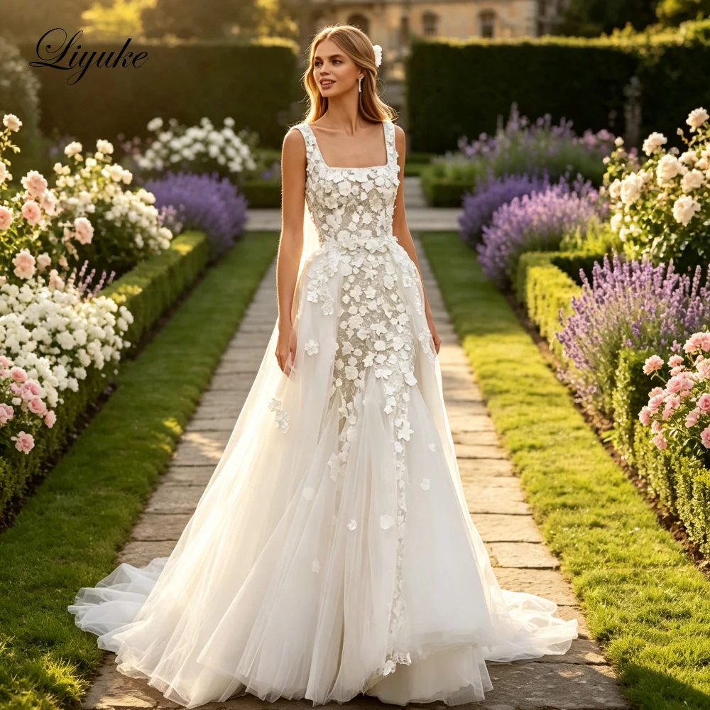 Liyuke Custom Made Alluring Floral Prints Square Collar 2 In 1 Wedding Dresses Embroidery Lace Removable Train Bridal Gowns