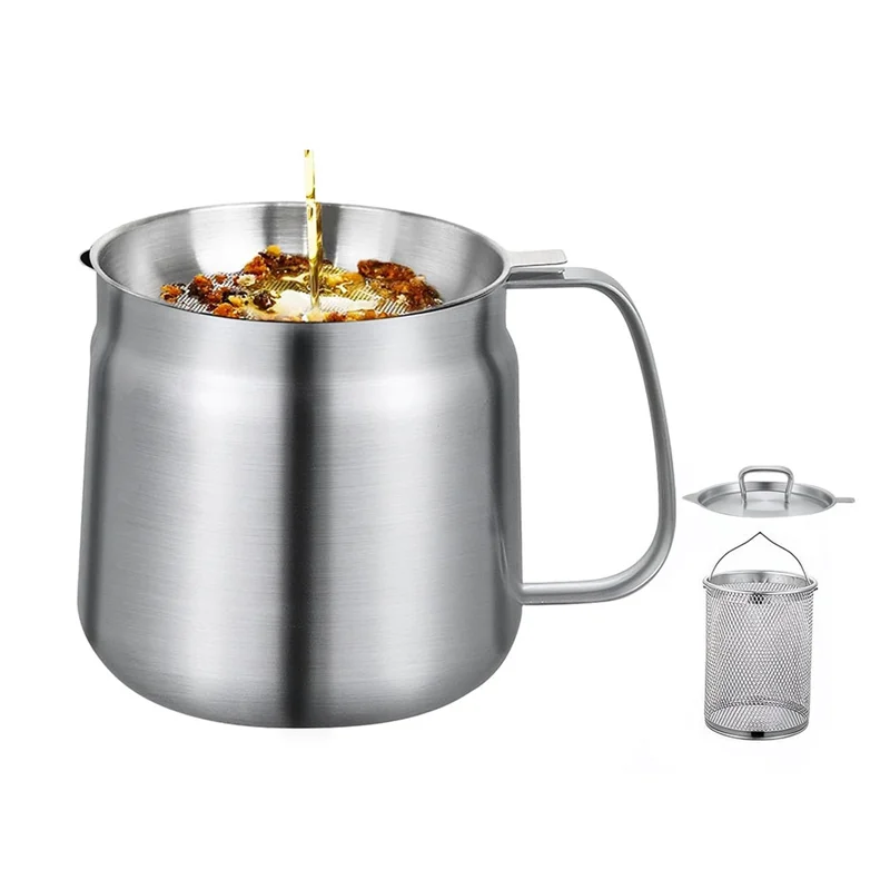 

A03F-304 Stainless Steel 50Oz/1.5L Oil Strainer Pot 3In1 Multifunctional Deep Frying Basket,Grease Container For Kitchen