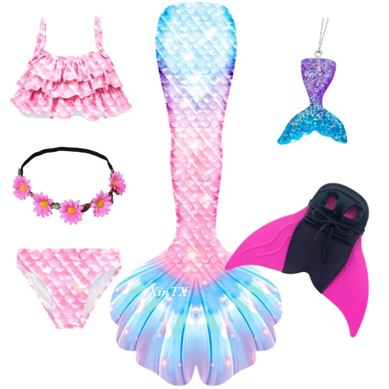 Professional Girl's Mermaid Tail With Flipper Can Swim Girls Swimsuit Flower Decoration Necklace Holiday Stage Performance Gift