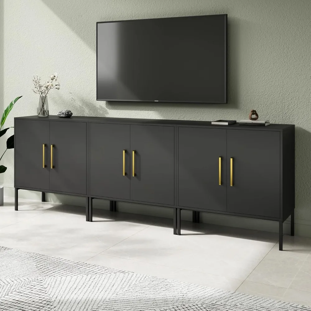 Lemari Penyimpanan dengan Pintu, Set Isi 3, Lemari Prasmanan Modern dengan Penyimpanan, Prasmanan Bufet Dapur, Kabinet Aksen Kayu Hitam f