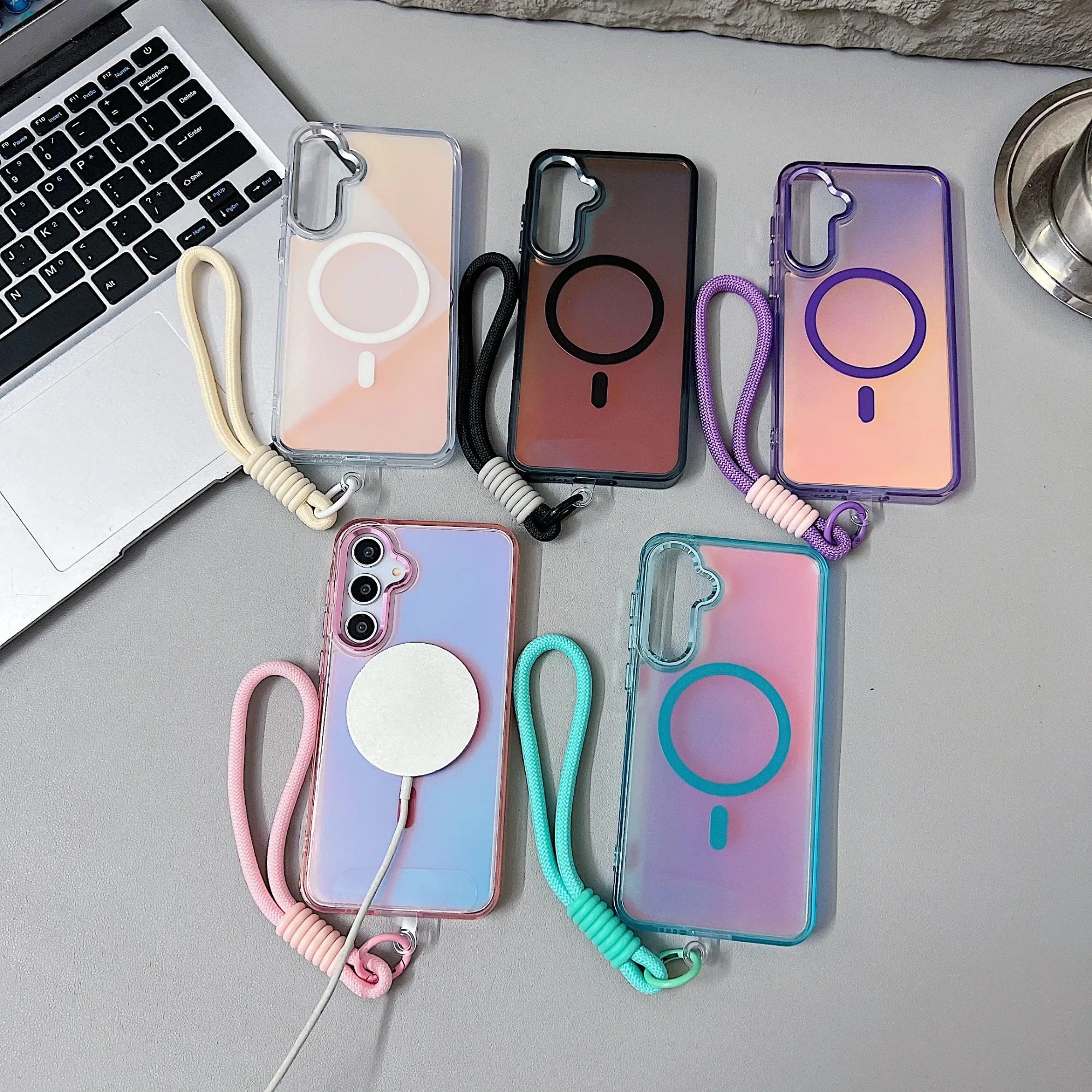 Hot Fashion Laser Gradient Magnetic Lanyard Shockproof Case for Samsung A55 A16 A54 A53 A35 A25 A15 A56 A36 A26 5G Magsafe Cover - náhled 2