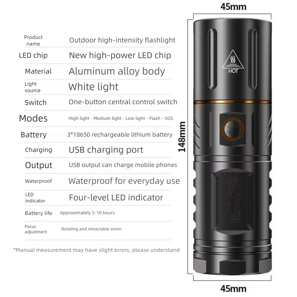 Durable 5 Levels Zoomable Flashlight Rechargeable Waterproof LED Flashlight High Power Ultra-Bright Torch