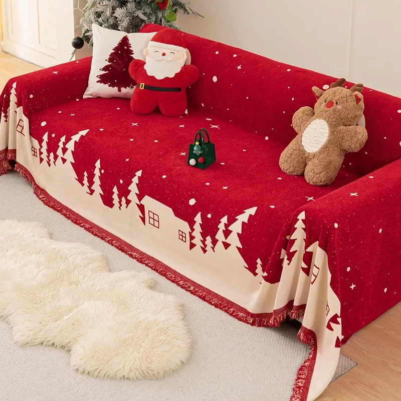 Christmas Decorative Cover Red Festive Sofa Towel Non-slip Four-season Cover with Cat Paws All-inclusive Blanket