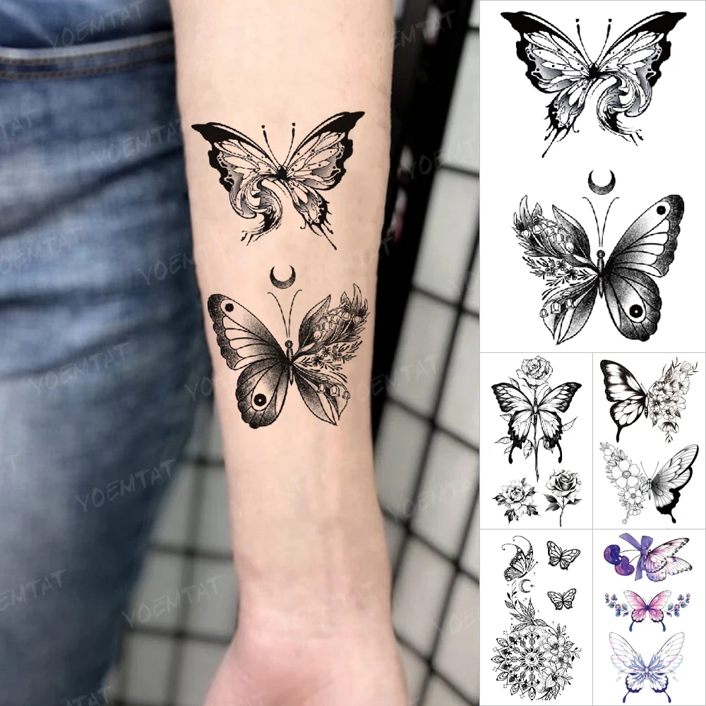 

Butterfly Waterproof Temporary Tattoo Stickers Rose Flower Animal Dark Flash Tatoo Women Men Wrist Arm Body Art Small Fake Tatto