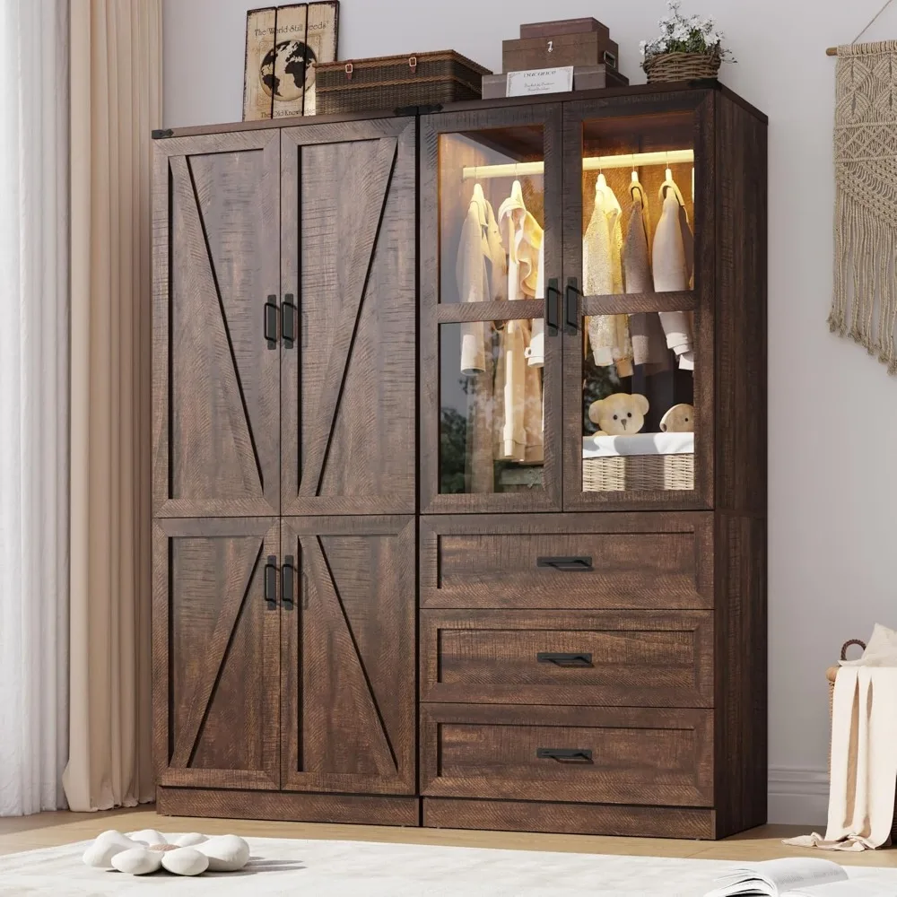 

75" Tall Farmhouse 4 Doors Armoire Wardrobe Closet with 3 Drawers and LED,Freestanding Closet Wardrobe Cabinet for Bedroom with