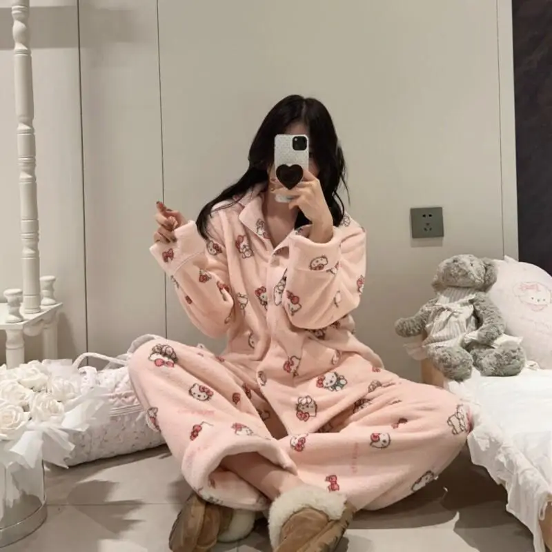 

Sanrio Hello Kitty Women's Pajamas Set Home Outdoor Wear Sleepwear New Autumn Winter Thickened Cute Cartoon Fleece Lined Thick