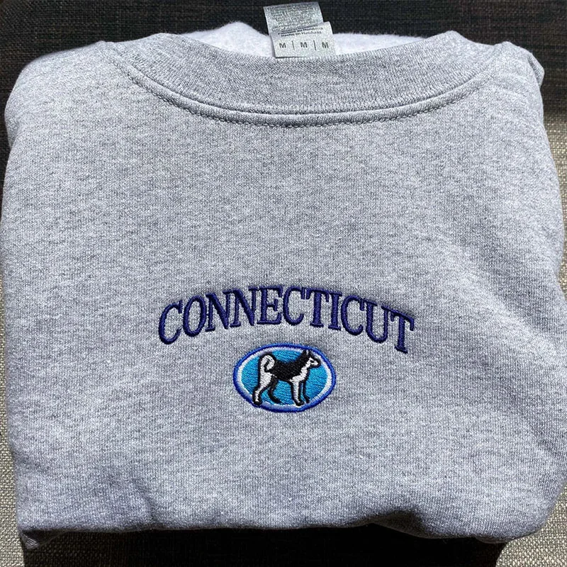 America Connecticut Dog Embroidered Sweatshirts Men Women Unisex Loose Cotton Thick Pullovers Crewneck Autumn Casual Clothes