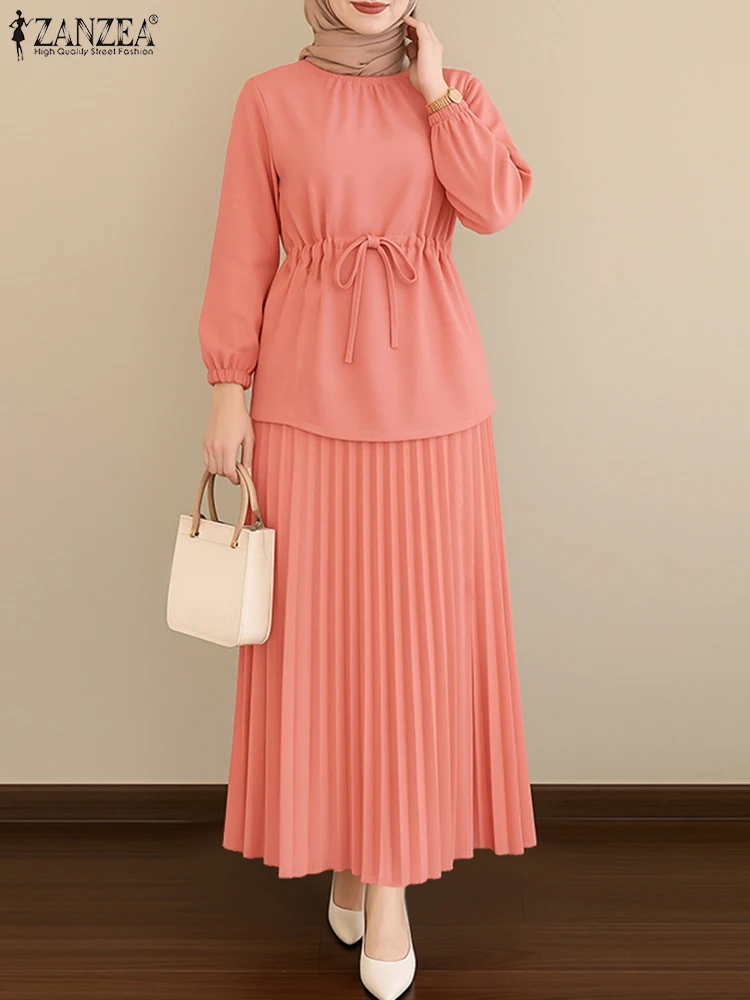 ZANZEA Elegant Women Spring 2 Piece Sets Muslim Tracksuits Fashion Long Sleeve Tops Pleated Maxi Skirts Suit 2PCS Work Outfits