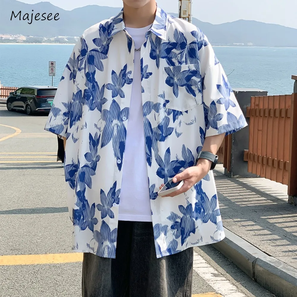 

Men Shirts Comfortable All-match Floral Printing Students Beachwear Vacation Slouchy Japanese Style Half Sleeve Thin Fashion Tee