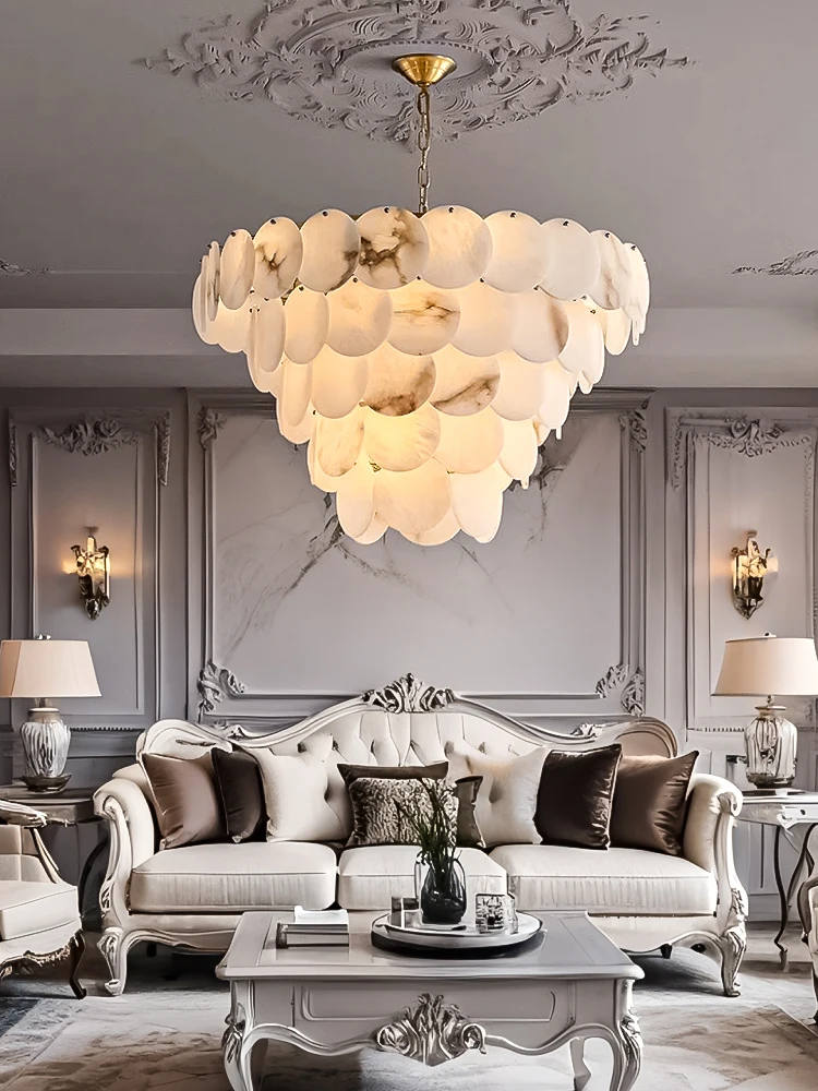 

Modern Living Room Chandelier Minimalist Villa Dining Bedroom LED Hanging Lights All Copper Marble Ceiling Chandelier