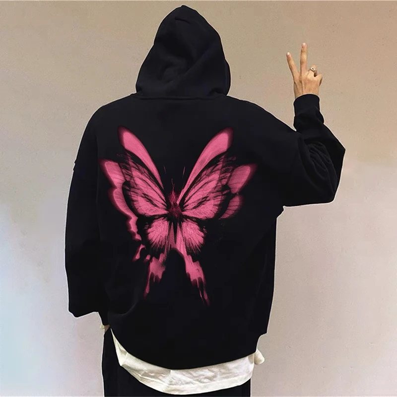 Felpe con cappuccio a maniche lunghe con grafica a farfalla autunno gotico uomo Harajuku moda pullover stampato felpa con cappuccio nuove felpe streetwear Y2K