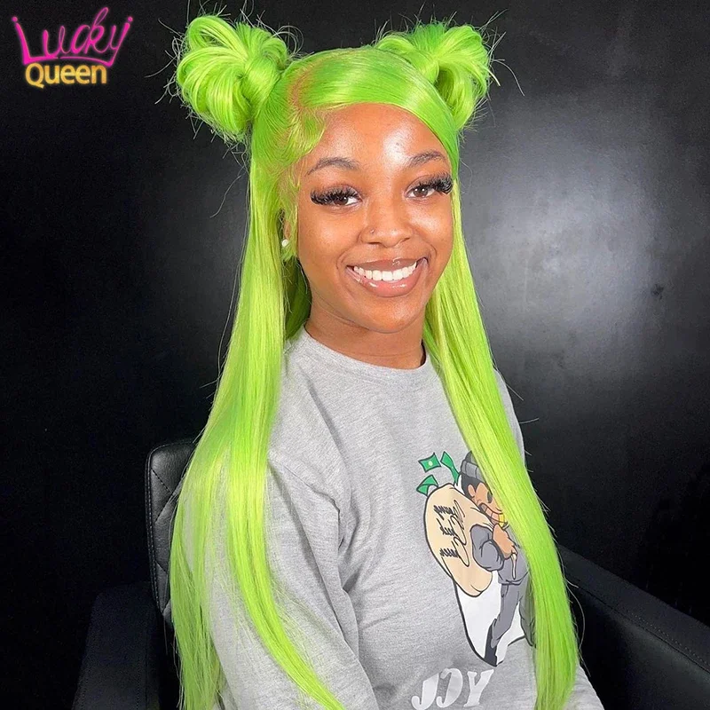 Fluorescent Green Human Hair Wig For Black Women 13X6 Lace Front Wig Pre Plucked Straight 13x4 Transparent Lace Frontal Wig