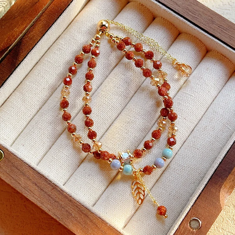 Red Gold Sandstone Double Loop Beaded Bracelet Rainbow Stone Ultra Thin Faceted Sparkling Red Jewelry Her Lucky Fortune Blessing
