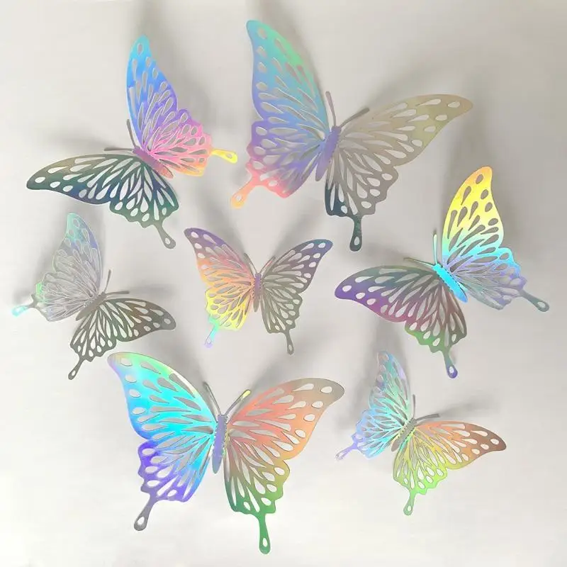 12 Stück Holographische 3D-Schmetterlings-Wandaufkleber, Hohl Geschnitzte Irisierend Glänzende Sticker für Heimdekoration, Kinderzimmer, Hochzeit, Party – Detail 6