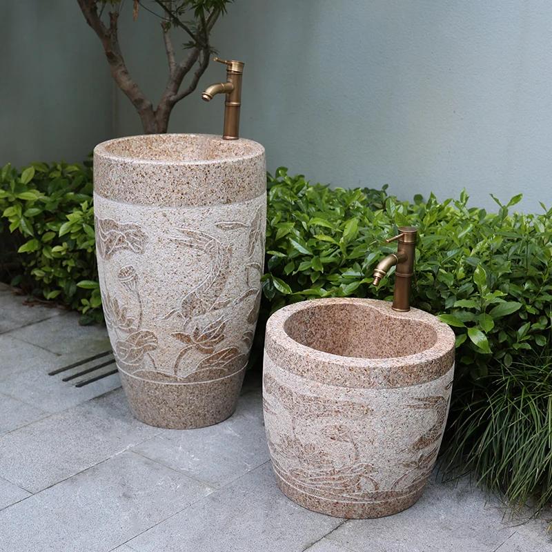 Washbasin, outdoor floor-standing basin, light luxury, carved stone, pillar basin, outdoor pool accessories