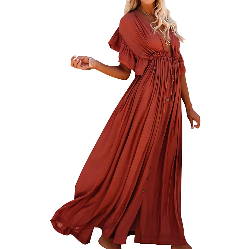 فستان شاطئ صيفي كاجوال للنساء، فستان طويل مكشكش بأزرار سفلية، فستان بوهو طويل