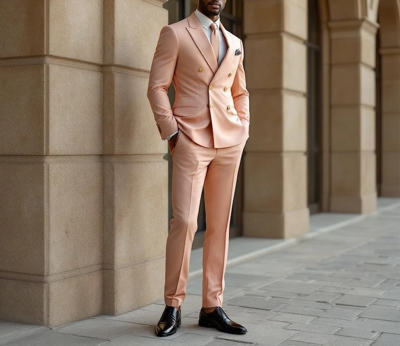 

Peach Double-Breasted Suit for Men 2-Piece Slim Fit Wedding Blazer Pants Summer Formal Suit