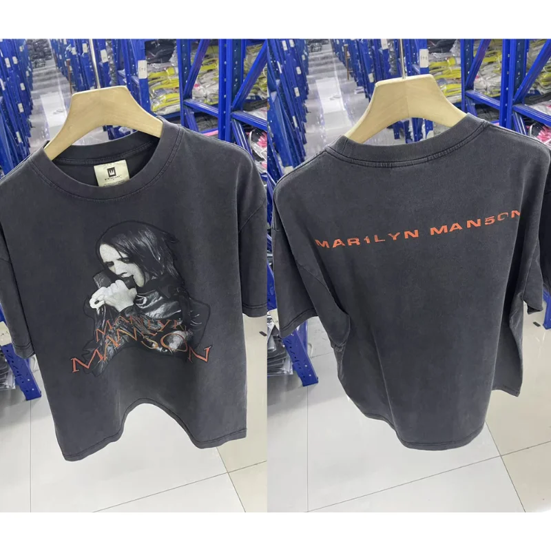 

Футболка с изображением Мэрилина Мэнсона, винтажная, в стиле хип-хоп, для мужчин и женщин, с круглым вырезом, с эффектом потертости, в рок-стиле