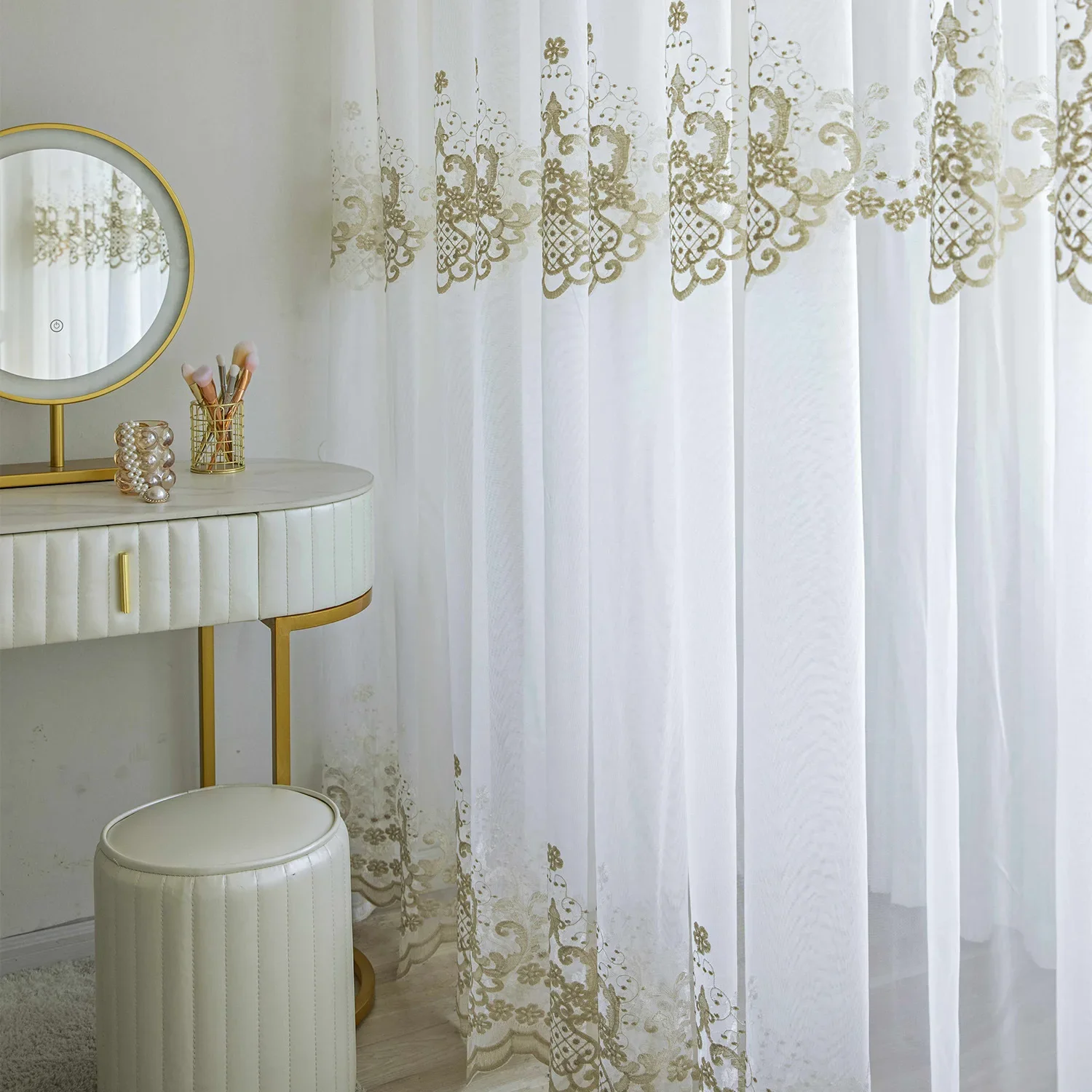 Embroidered White Gauze Embroidered Window Screen Light Luxury Translucent Partition Curtains for Living Dining Room Bedroom