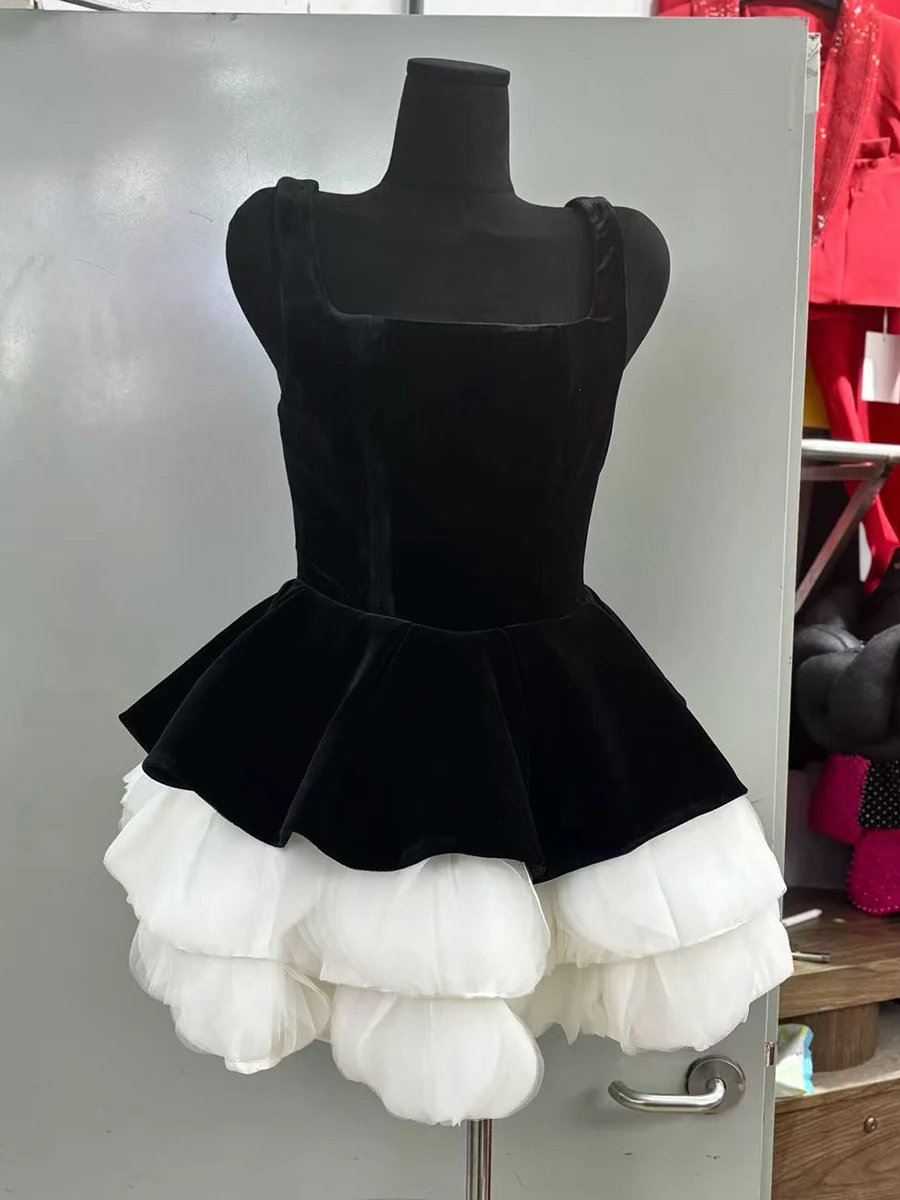 VGH 섹시 파티 히트 컬러 벨벳 미니 드레스 여성용 스퀘어 칼라 민소매 패치워크 레이어드 메쉬 케이크 드레스 여성 스타일