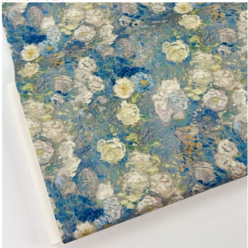Retro Oil Painting Blue White Flower Print Pure Cotton Plain Fabric For Handmad DIY Dress Book Cover Cap Bag Cloth, M283