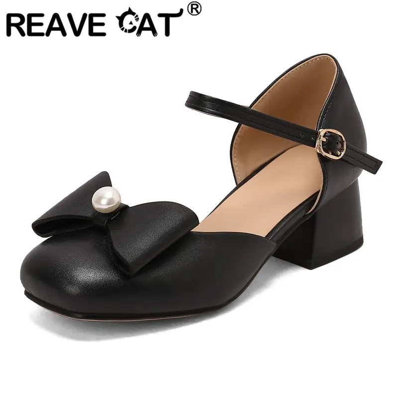 

REAVE CAT Sweet Mary Janes Женские сандалии с круглым носком на массивном каблуке 4,5 см, с пряжкой и ремешком, бантом, большие размеры 45, 46 47 48 Туфли для свиданий